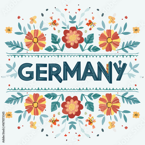 Germany vector design surrounded by blooming flowers and elegant line art.