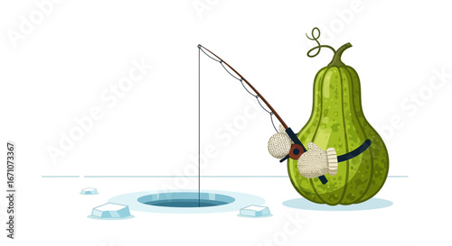 Animated Pumpkin On Ice Fishing in Wintertime Makes For An Interesting Illustration