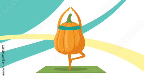 Animated Pumpkin Performing Yoga Pose on Colorful Background for Wellness Concept