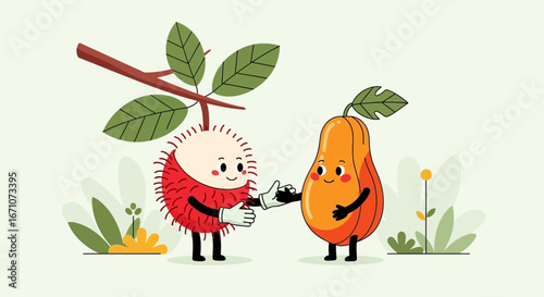 Animated Rambutan And Papaya Characters Shaking Hands With Joy And Positive Attitude