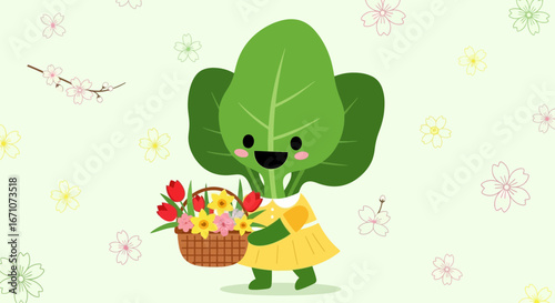 Animated Spinach Character Holding a Basket of Flowers against Floral Background