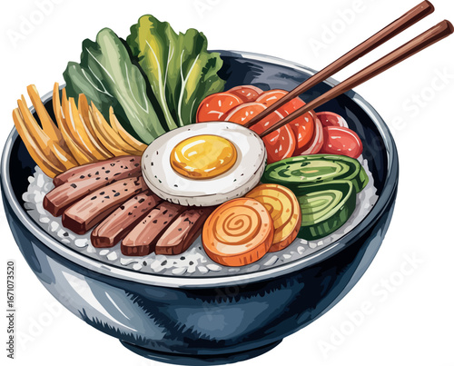  a visually appealing bowl of Bibimbap, a classic Korean dish. It contains a bed of white rice topped with a fried egg, various colorful vegetables (like carrots, cucumbers, and lettuce),  
