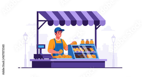 Animated Stand Selling Delicious Cookies, Bakery Products, And Sweet Flavored Treats