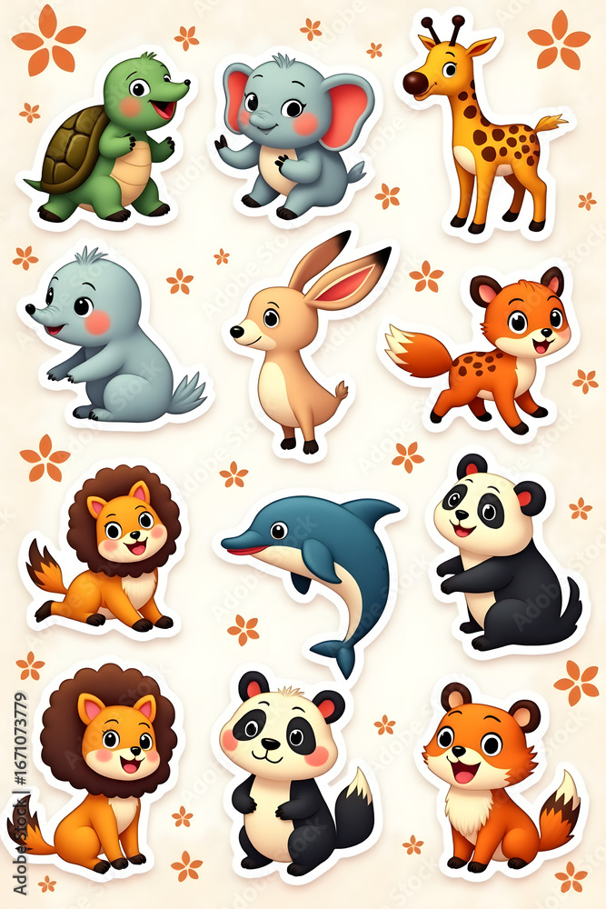 Naklejka premium Cute Cartoon Animals Stickers Set with Turtle Elephant Giraffe