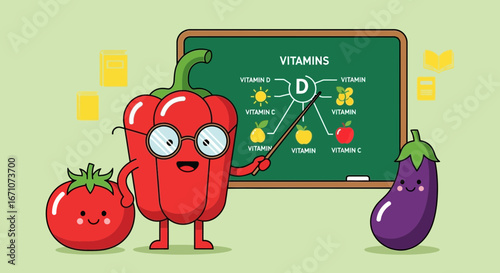 Animated Vegetable Characters Presenting Vitamins and Nutritional Information on a Chalkboard