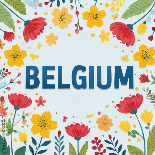 Belgium vector design surrounded by blooming flowers and elegant line art.