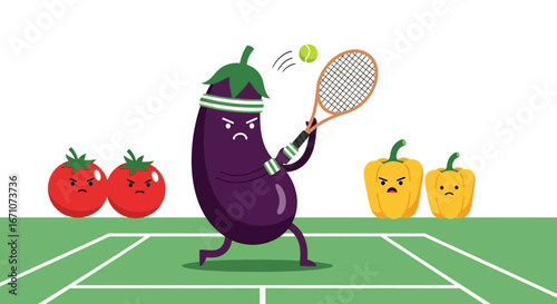 Animated Vegetable Tennis Players Engaging In A Playful Sporting Competition Illustration