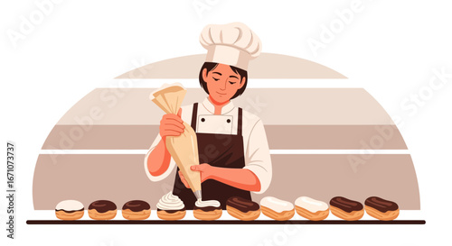 A Skilled Baker Designs Exquisite Pastries, Creaming Delicious Treats in the Kitchen Setting