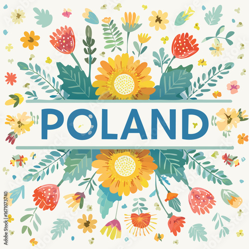 Poland vector design surrounded by blooming flowers and elegant line art.
