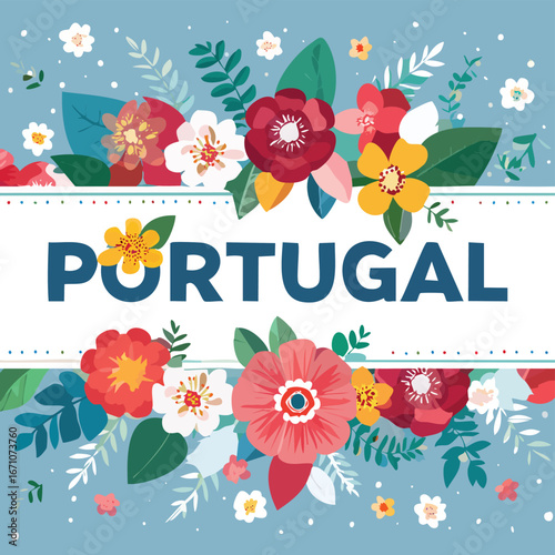 Portugal vector design surrounded by blooming flowers and elegant line art.