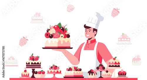 A Smiling Baker Holds a Cake Amongst Various Delicious Cakes, a Feast of Desserts