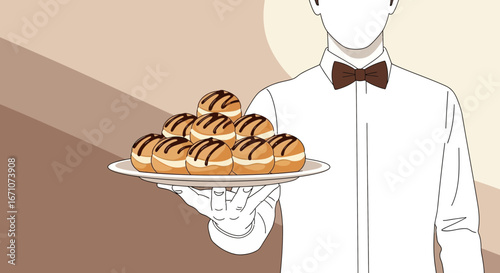 Anonymized Server Presenting Chocolate Glazed Pastries For A Sweet Culinary Experience