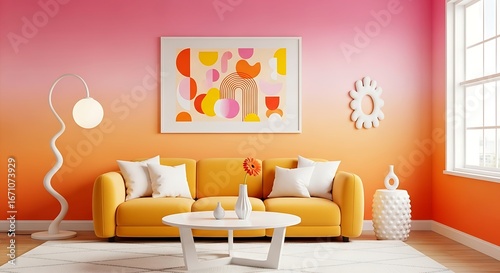 Vibrant Modern Living Room with Yellow Sofa and Pink Orange Gradient Wall.