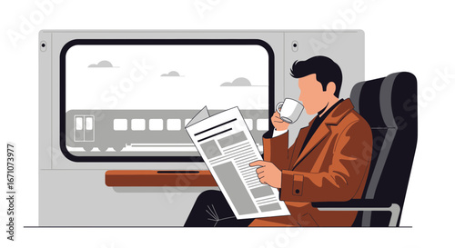 A Stylish Commuter Reading Newspaper and Drinking Coffee While Riding a Train
