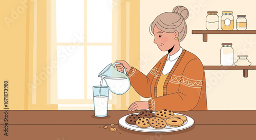 A Smiling Senior Woman Pouring Milk Into a Glass Beside Cookies for a Pleasant Moment