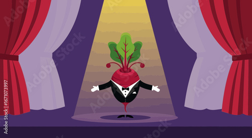 A Theatrical Beetroot Performing On Stage With Stage Curtains And A Spot Light