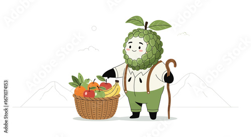 A Whimsical Custard Apple Character Presenting Harvest Fruits From His Basket