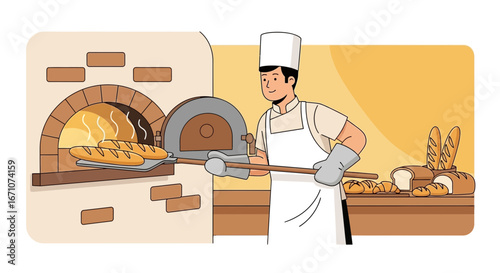 Artisan Baker Baking Fresh Bread from A Brick Oven in A Cozy and Warm Bakery Scene