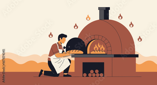 Artisan Baker Placing Freshly Baked Bread in a Traditional Stone Oven Illustration