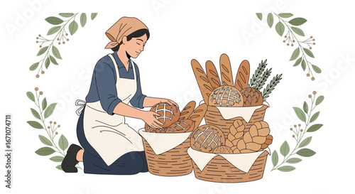 Artisanal Baker Carefully Arranging Assortment Of Freshly Baked Loaves And Baskets