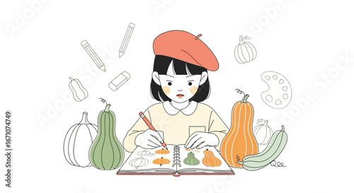 A Young Artist Sketches Vegetables, Creating Botanical Artwork With Pencils, Artistic Illustration