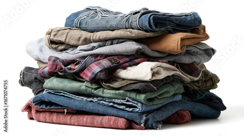 A stack of folded clothes. Various colors and types of garments