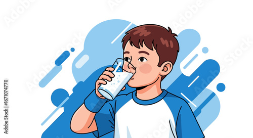 A Young Boy Drinks Refreshing Milk, Promoting Healthy Habits and Hydration