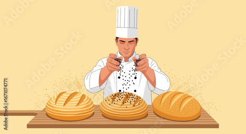 Artisanal Baker Sprinkling Seeds Over Loaves Of Freshly Baked Bread In A Bakery