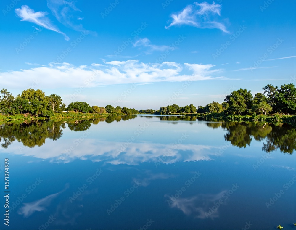 Obraz premium A serene body of water, reflecting the vibrant blue sky above, surrounded by lush greenery and distant mountains, creating a tranquil natural scene.