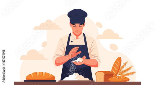 Artistic Baker Crafting Fresh Bread with Flour in a Cozy And Warm Background