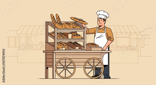 Artistic Baker Presents Freshly Baked Bread in a Charming Vintage-Style Cart Design
