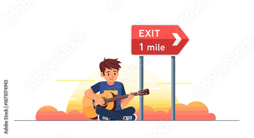 A Young Man Playing Guitar Near An Exit Road Sign Outdoors At Sunset