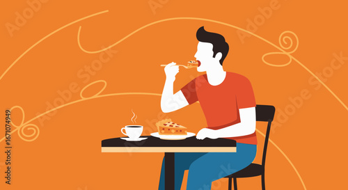 A Young Man Savoring Food Enjoying A Slice Of Pie Served With Coffee In A Cafe