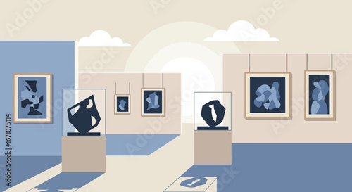 Abstract Art Gallery Exhibits Modern Sculptures And Paintings In A Minimalist Style