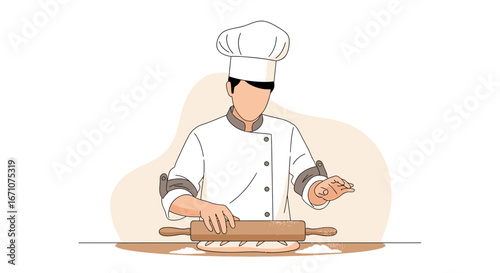 Artistic Illustration Of Chef Rolling The Dough In Preparation For Baking Fresh Bread