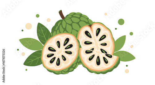 Artistic Illustration Of Custard Apple Fruit, Displaying Interior Structure And Green Foliage