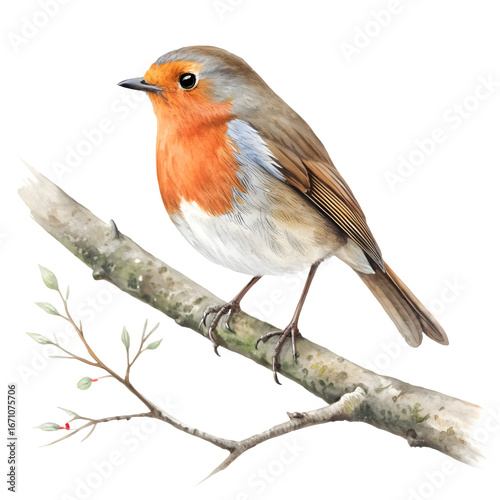 European robin perched on a branch against a black background
