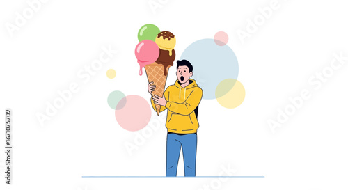 Astonished Person Holding a Huge Ice Cream Cone Against a Colorful Background