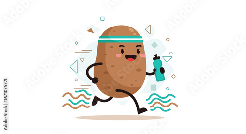 Athletic Potato Embraces Marathon, Jogging With A Smile And Rehydration Bottle