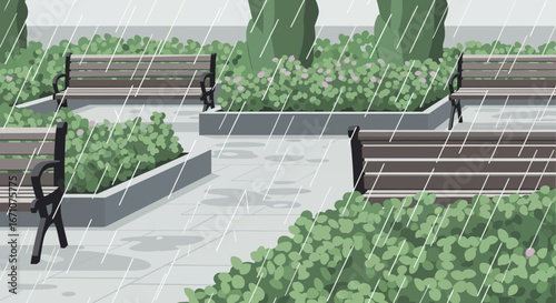 Atmospheric Rain Scene of Park Benches With Hedges and Greenery in Heavy Downpour