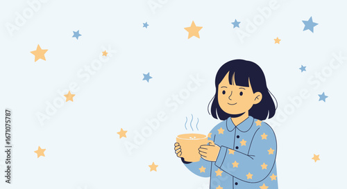 Adorable Girl enjoying drink in Pajamas Under Starry Sky for Bedtime Routine