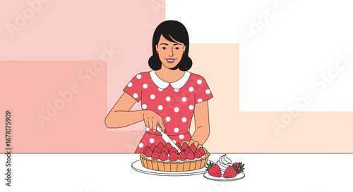 Attractive Woman Slicing Delicious Strawberry Tart With Delightful Presentation