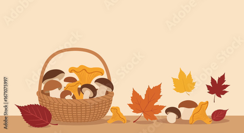Autumn Harvest Illustration: Basket of Mushrooms and Colorful Fall Foliage