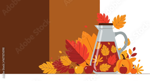 Autumnal Beverage Surrounded By Fall Foliage and Delicious Decorative Elements, Simple Design