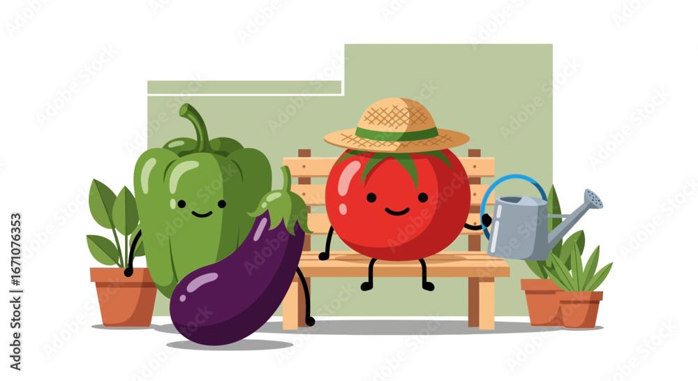 Naklejka premium Adorable Vegetable Characters Enjoying The Garden Scene With Watering Cans And Sunshine