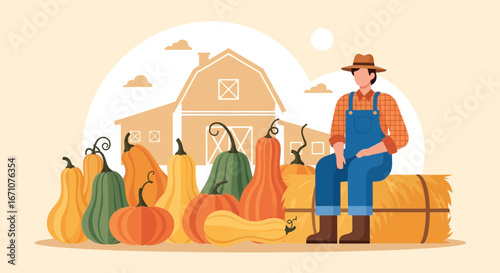 Autumnal Harvest: Farmer Reflecting on a Bountiful Pumpkin Patch