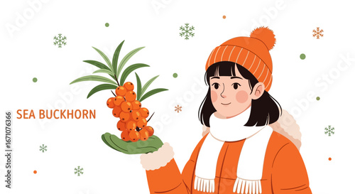 Autumnal Illustration Featuring A Young Woman Holding Sea Buckthorn Berries On A White Background