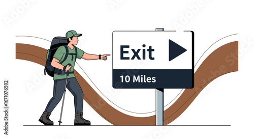 Adventurer Discovering Path And Showing The Correct Point To The Exit Symbol Near