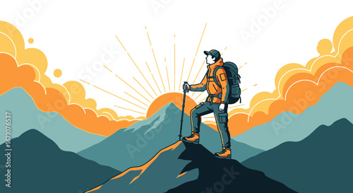 Adventurer Standing Upon Mountain Peak Exploring The Majesty Of The Landscape