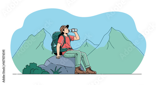 Adventurer Pauses for Hydration during a Mountain Hike with Stunning Scenery